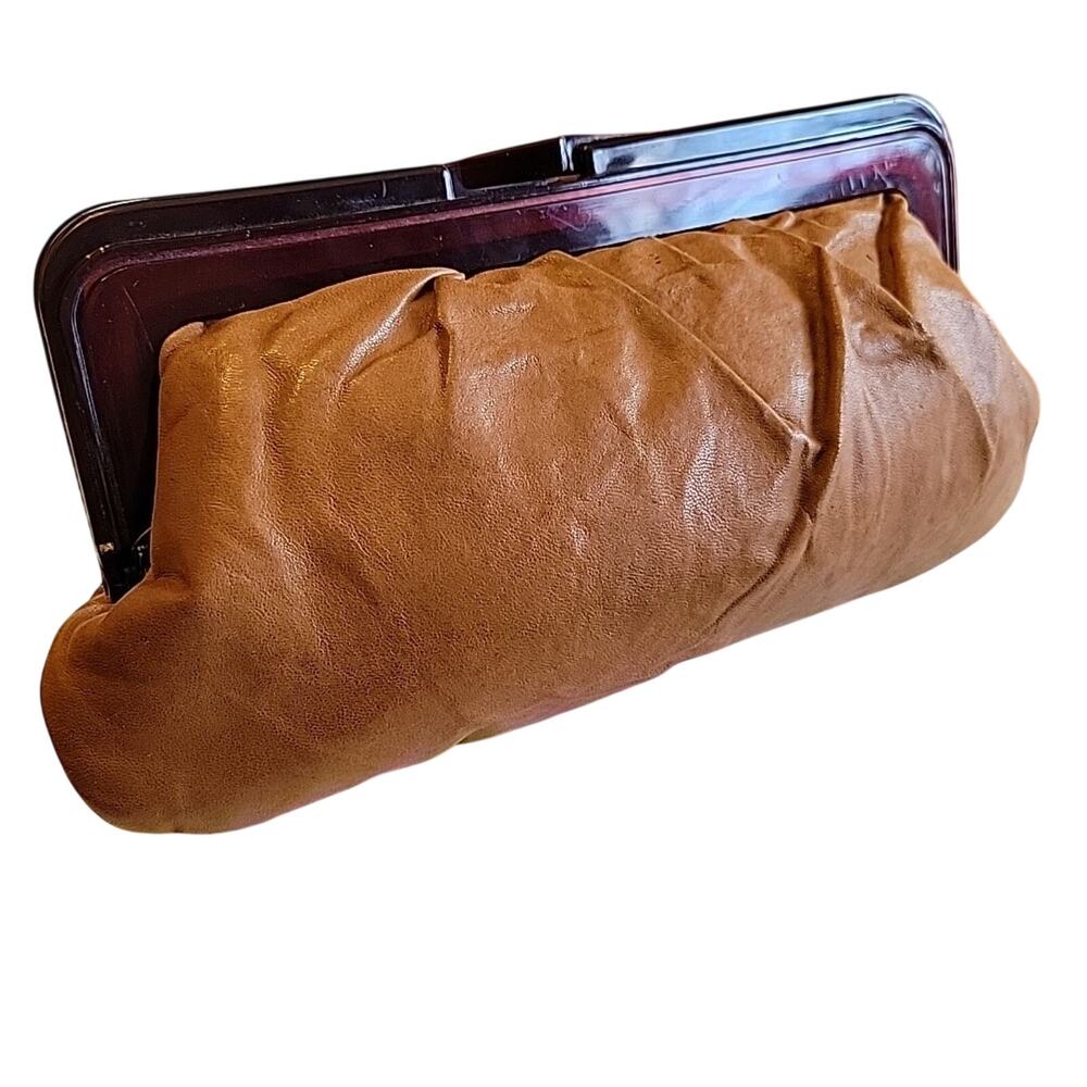 Vintage 70s Aristocrat 905 Caramel Real Leather Clutch Wallet Lucite Frame